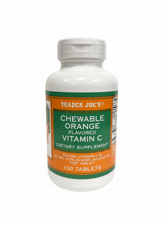 Trader Joe's Chewable Orange Flavored Vitamin C bottle front view