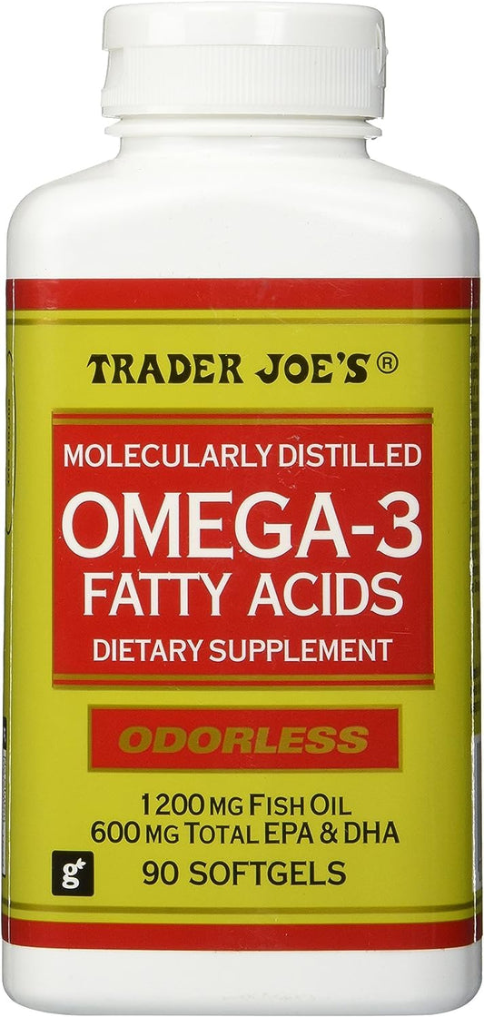 Trader Joe's Omega-3 molecularly distilled fish oil bottle with 90 odorless softgels