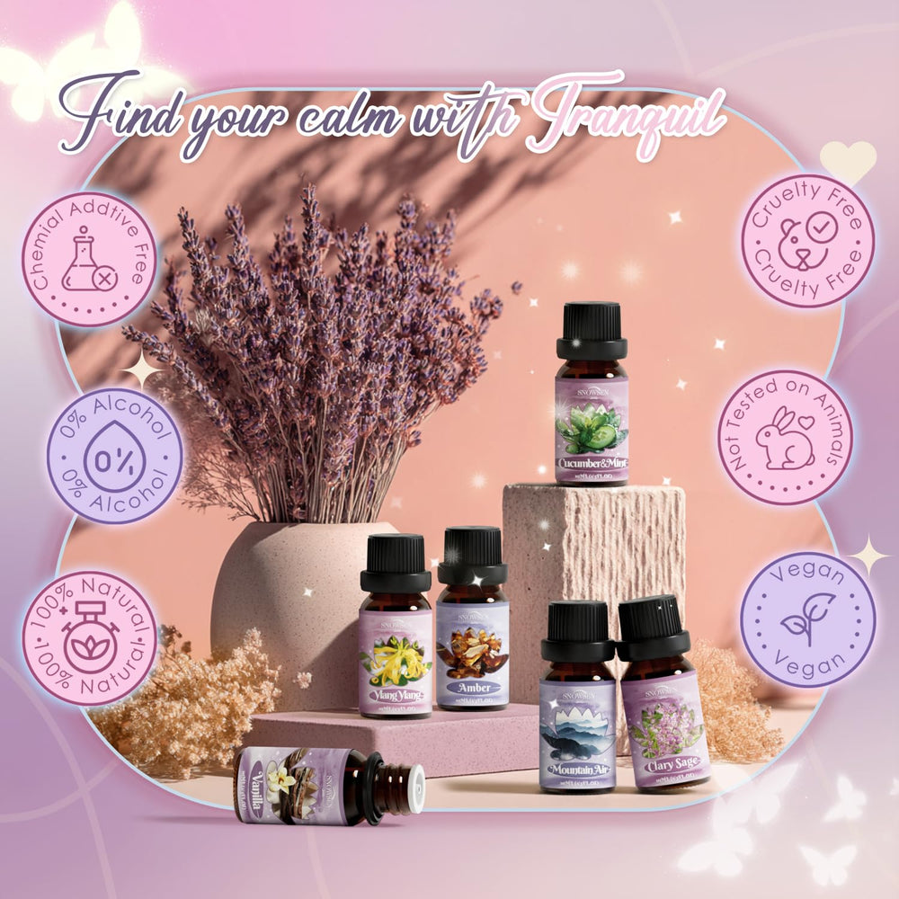 Six essential oil bottles arranged for the Tranquil set