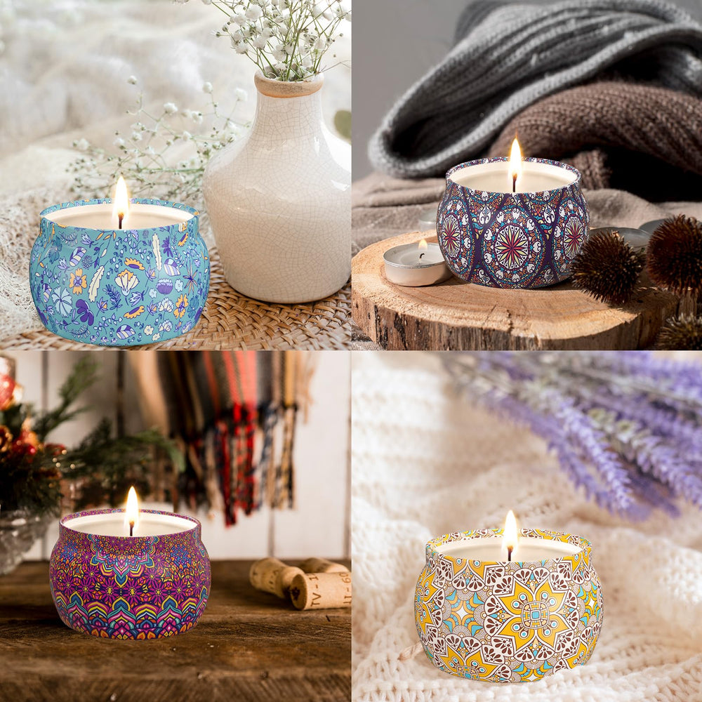 Decorative presentation of TranquilBliss candle set in packaging