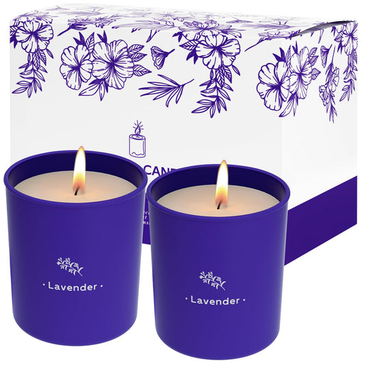 TranquilBliss lavender candle in a purple 8 oz glass jar