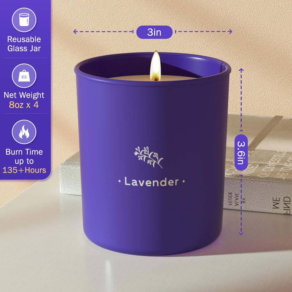 Lit lavender candle in a purple jar with warm glow