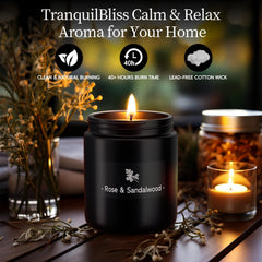 Gift-ready packaging for TranquilBliss Rose & Sandalwood candle