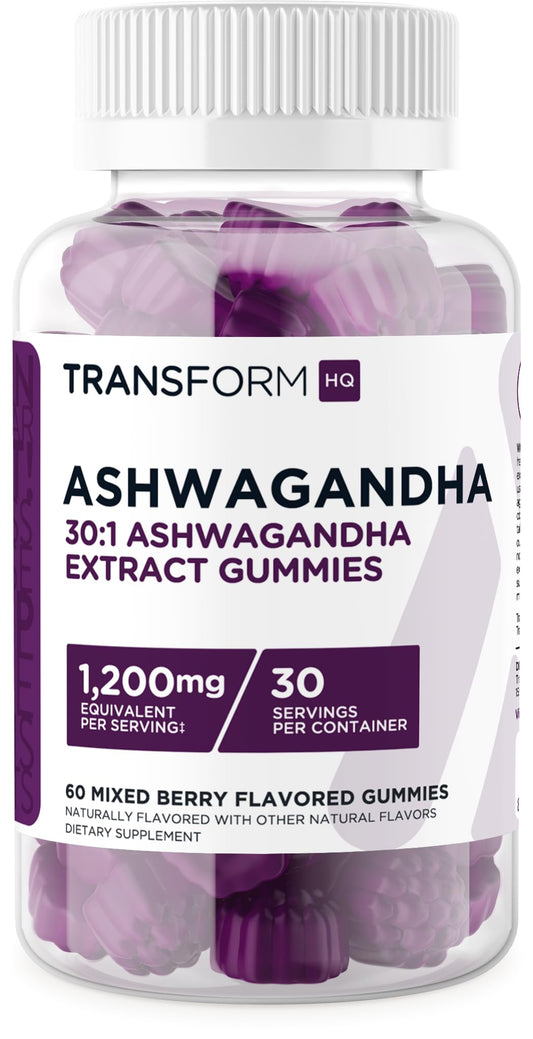 Front view of TransformHQ Ashwagandha Gummies bottle in Mixed Berry flavor