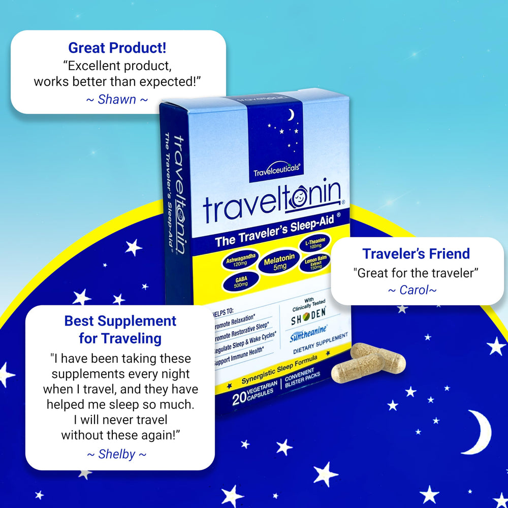 Travel Essentials: Travel Sleep Aid packaging with luggage