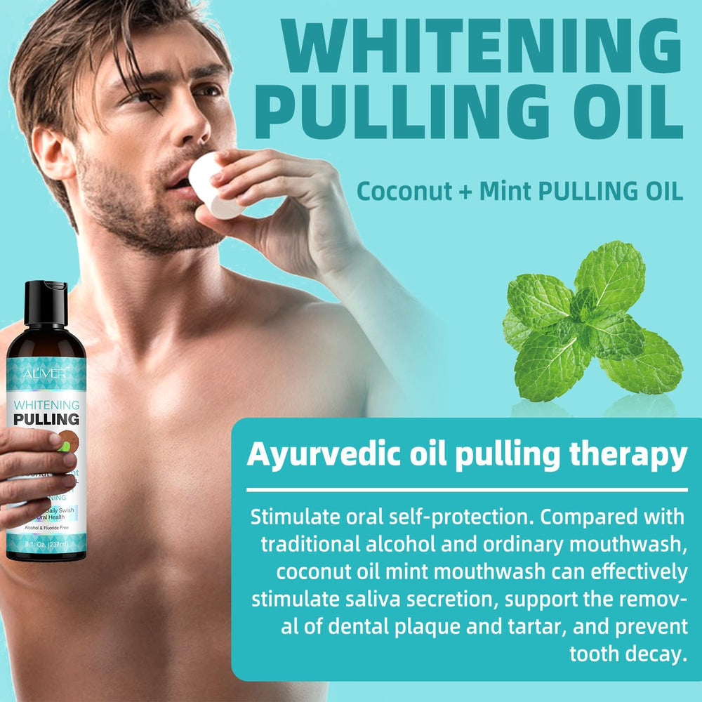 Travel-friendly coconut oil pulling mouthwash with tongue scraper