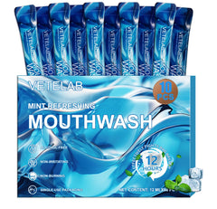 Front view of portable travel mouthwash packaging