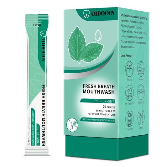 Pack of 20 Travel Size Mouthwash sachets on white background