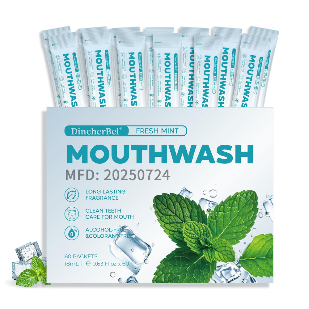 Box front displaying 60 travel-size mouthwash packets, each 18ml