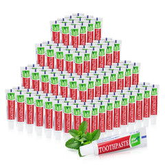 Front view of travel-size toothpaste bulk pack showing 120 tubes