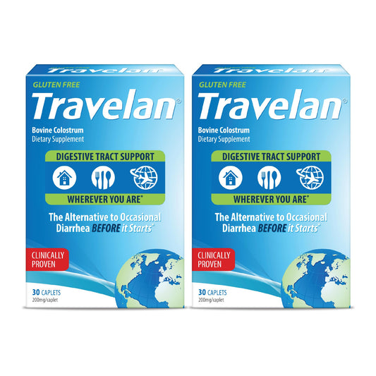 Travelan bottle and blister pack shown for convenient travel diarrhea prevention on trips.