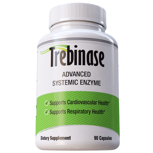 Trebinase systemic enzyme blend capsules bottle label with serrapeptase, nattokinase and seaprose