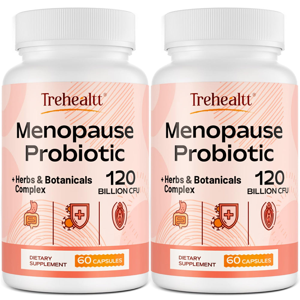 Trehealtt menopause probiotic bottle showing emphasis on gut support for daily balance