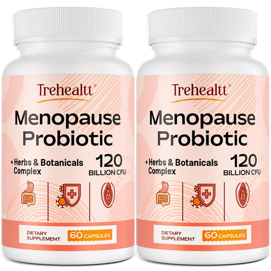 Trehealtt menopause probiotic bottle showing emphasis on gut support for daily balance