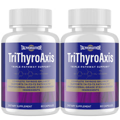 Front view of TriThyroAxis thyroid support bottle featuring 60 capsules