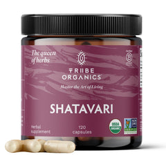 TRIBE ORGANICS Shatavari organic supplement bottle on a clean background