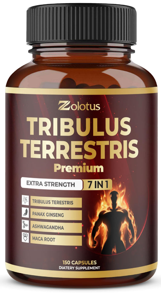 Tribulus Terrestris supplement bottle with 150 capsules, front view
