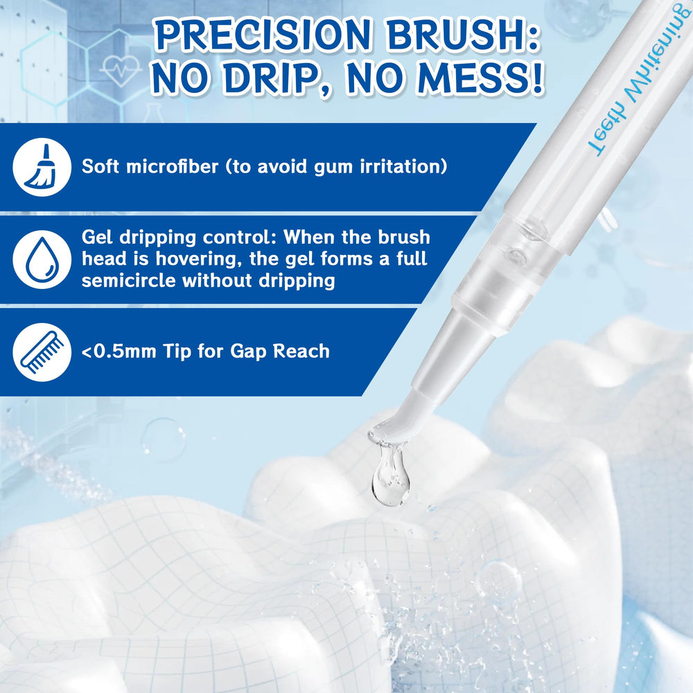 Precision brush tip applying whitening gel to teeth