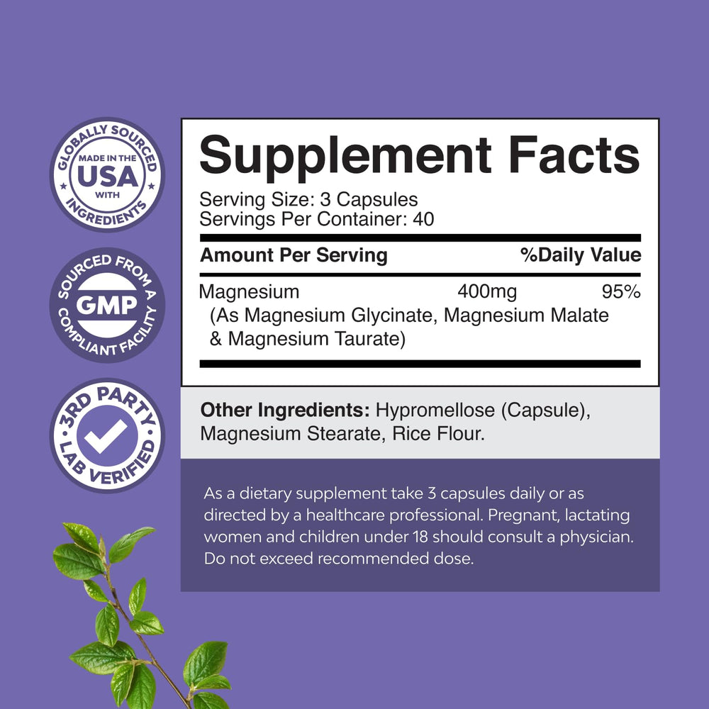 Back of bottle showing supplement facts for Triple Magnesium Complex