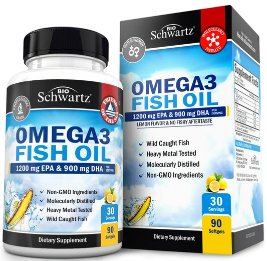 Bottle of Triple Strength Omega-3 Fish Oil with burpless lemon flavor and 90 softgels