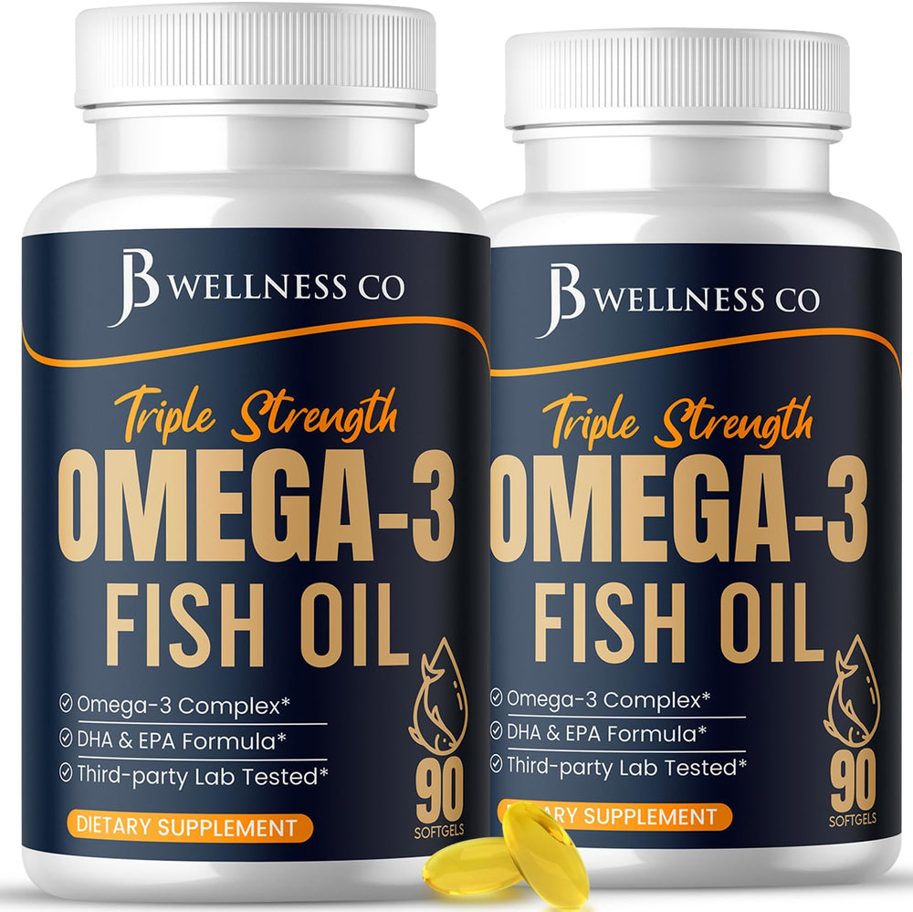 Bottle of JB Wellness Triple Strength Omega-3 Fish Oil with 180 burpless softgels
