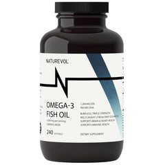 Bottle of Naturevol Triple Strength Omega-3 Fish Oil Burpless 240 Softgels