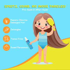 TRISWIM Kids Detangler spray on damp hair for easier combing.