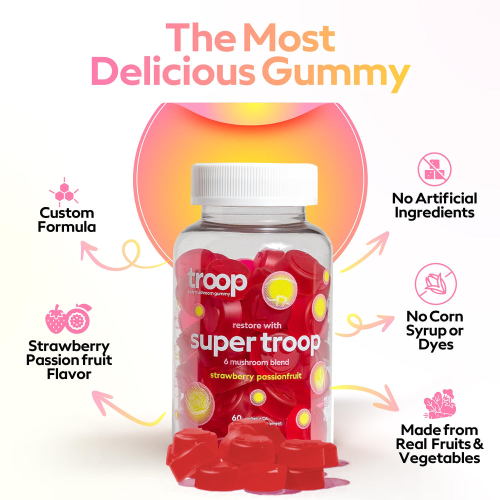 Graphic showing brain health immunity energy and mood benefits from Troop Super 6