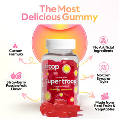 Graphic showing brain health immunity energy and mood benefits from Troop Super 6