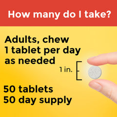 Chewable tablet shown with tropical fruit flavor imagery