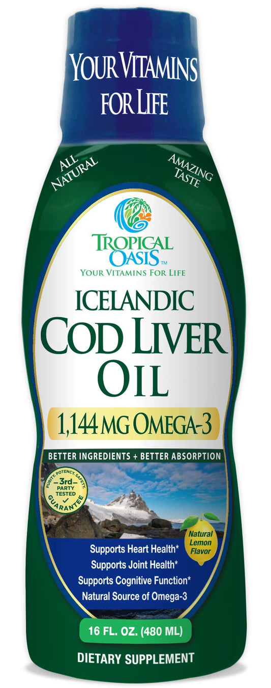 Tropical Oasis Icelandic Cod Liver Oil bottle with Lemon flavor