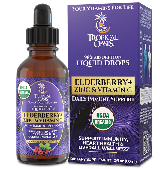 Bottle of Tropical Oasis Organic Liquid Vitamin Eldeberry Drops with dropper – 2 fl oz