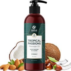Couple applying tropical massage oil during a spa night
