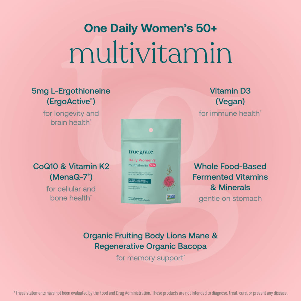 True Grace Daily Women's Multivitamin 50+ packaging uses recycled materials