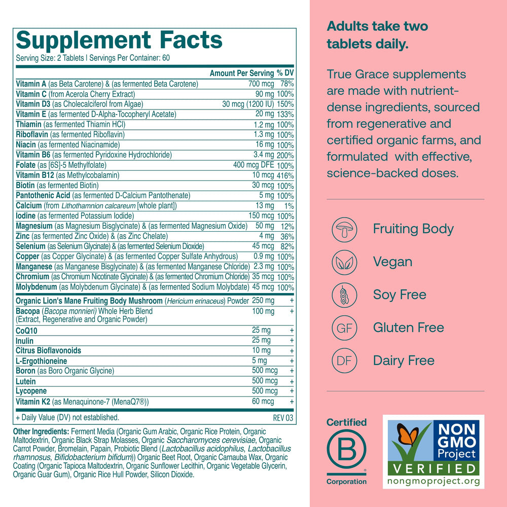 True Grace Daily Women's Multivitamin 50+ tablets close-up shows easy-to-swallow design