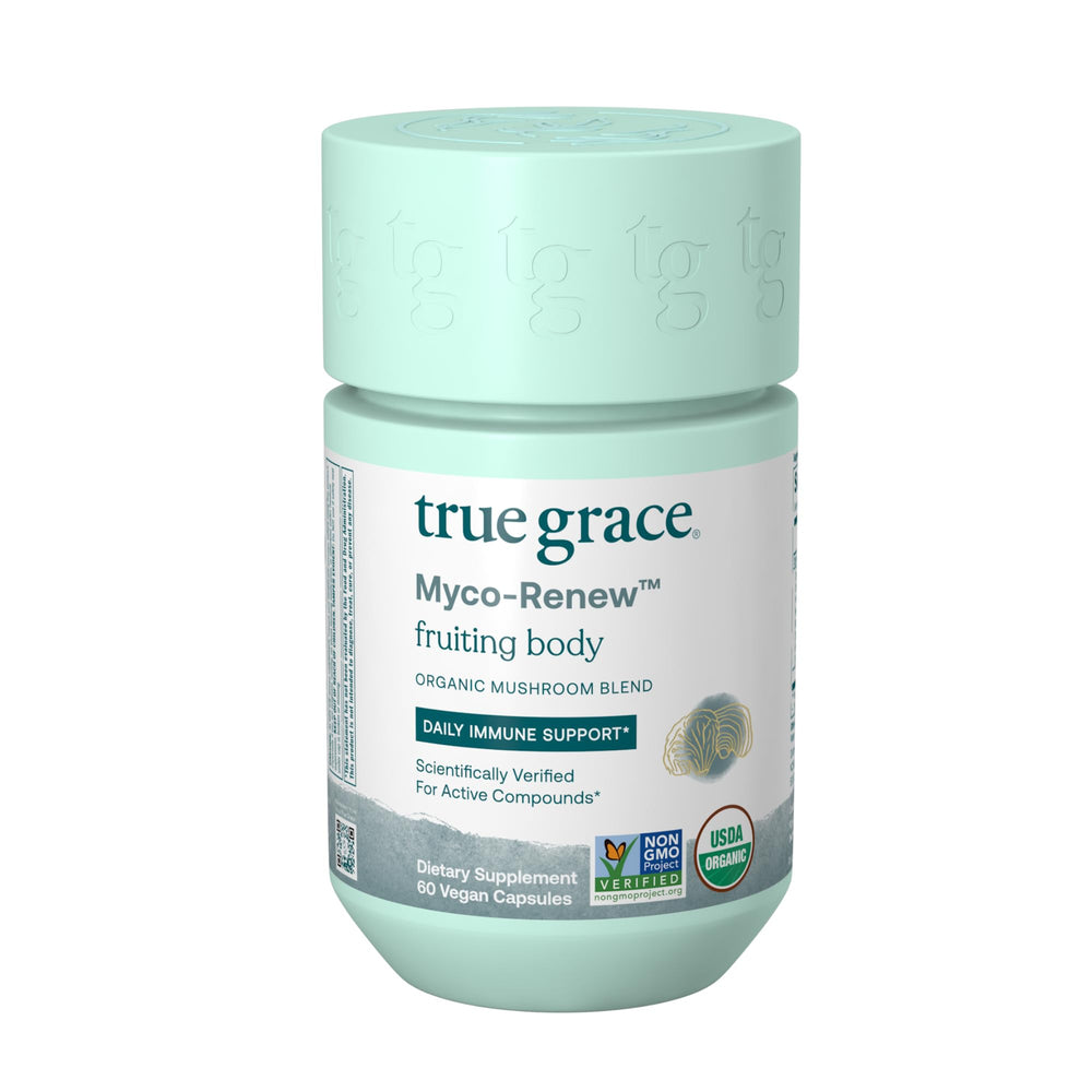 Bottle of True Grace Mushroom Myco-Renew Blend with label visible