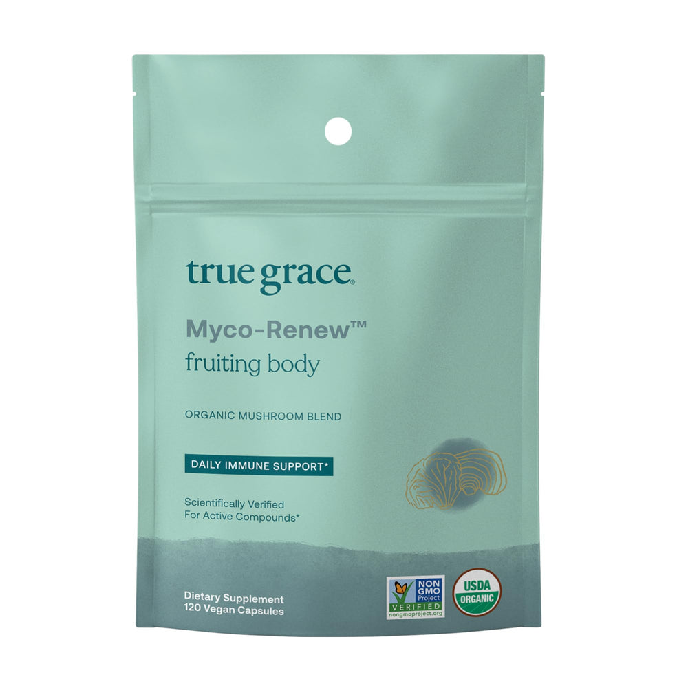 Bottle of True Grace Mushroom Myco-Renew Blend Daily Immune Support capsules