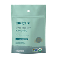 Bottle of True Grace Mushroom Myco-Renew Blend Daily Immune Support capsules