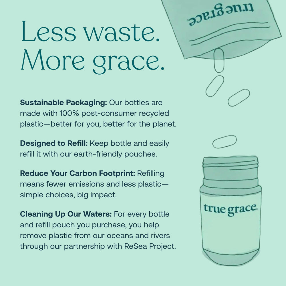 Sustainable packaging: reusable bottle and refill pouch