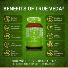 Close-up of True Veda green tea extract bottle with organic label.
