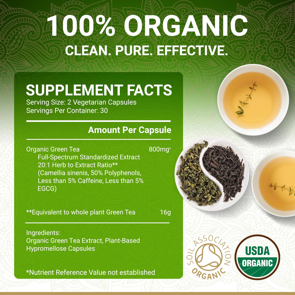 True Veda Organic Green Tea label showcases USDA certification.