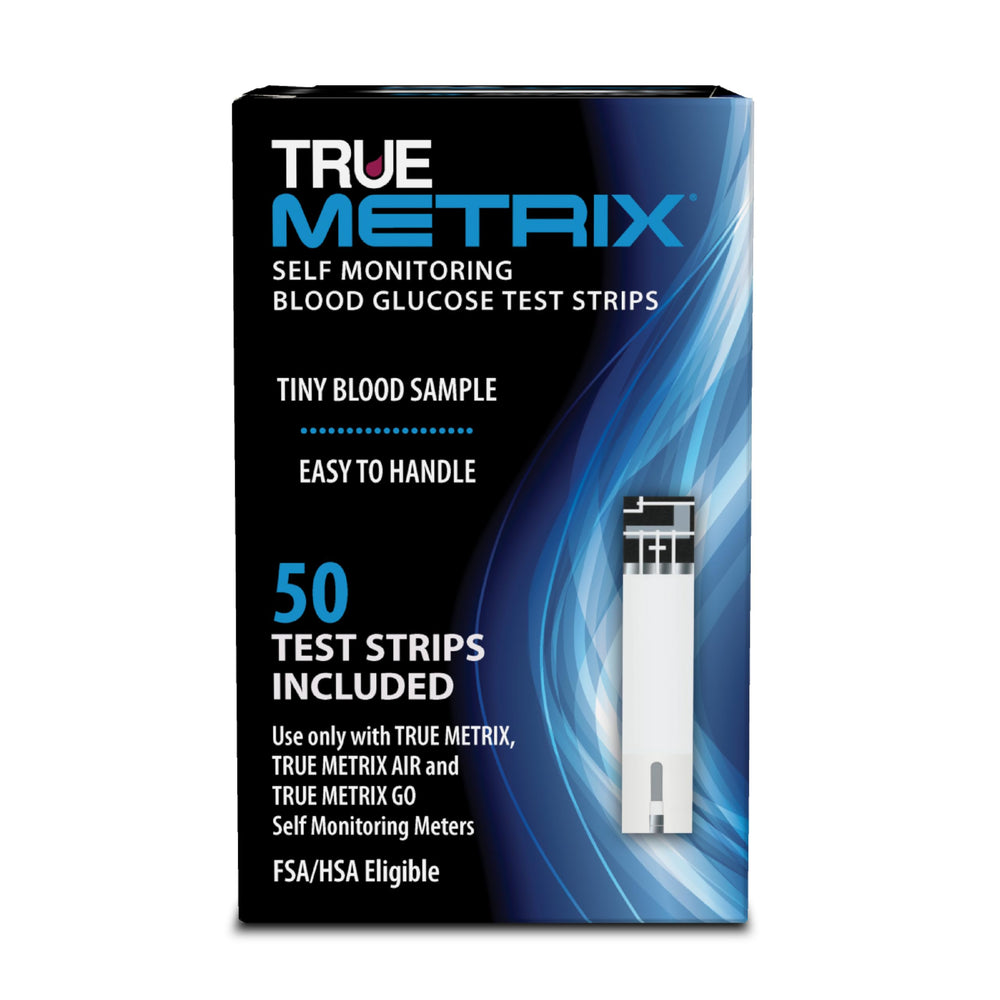 TRUE METRIX test strip close-up shows a 0.5 µL sample for quick checks