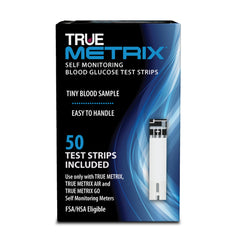 TRUE METRIX test strip close-up shows a 0.5 µL sample for quick checks