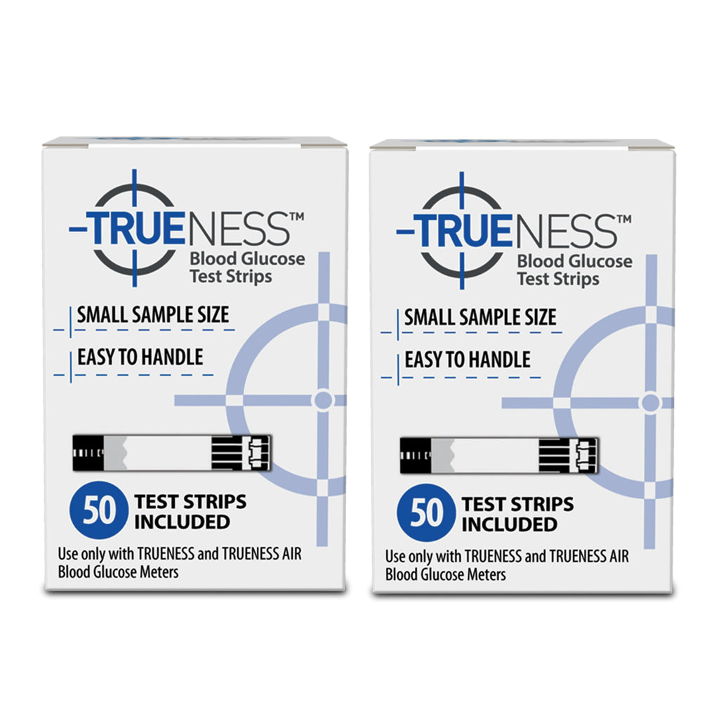 TRUENESS Blood Glucose Test Strips pack shot for easy at-home monitoring.
