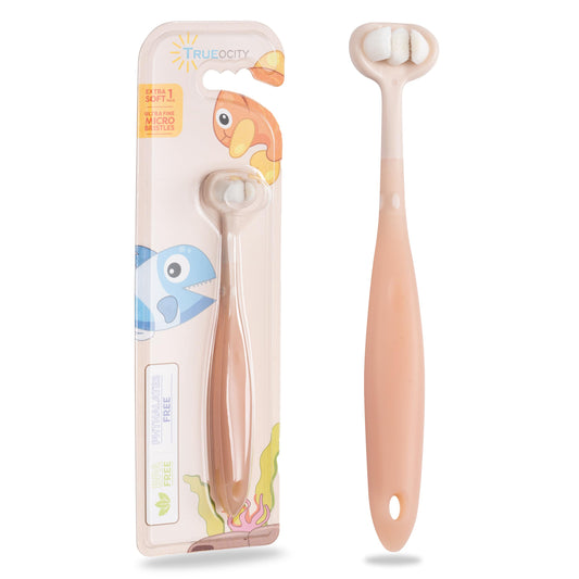 Trueocity Baby Toothbrush Apricot front view with 3-sided Toothhugger