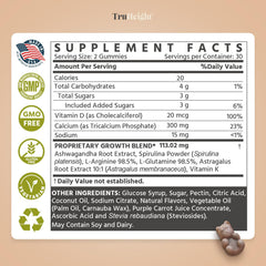 TruHeight Growth Gummies Calcium Vitamin D K2 bottle highlighting mineral absorption support.