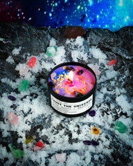 8 oz vegan soy & coconut wax candle with crystals and dried flowers