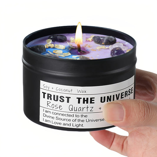 Rose Quartz crystal with Trust The Universe healing candle for heart chakra