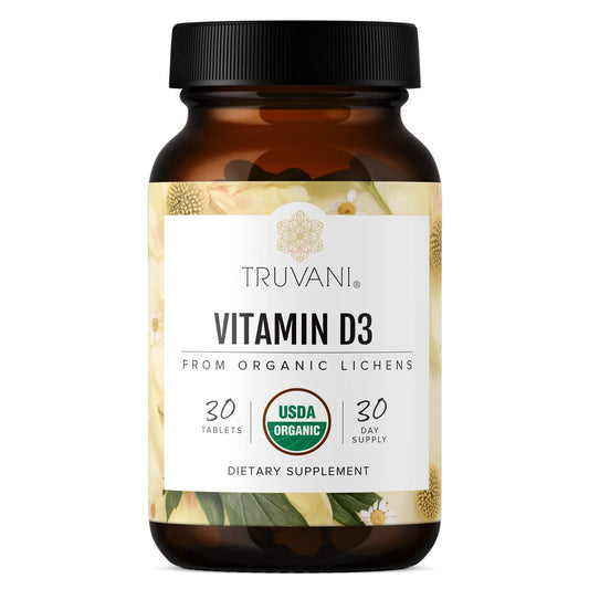 Front view of Truvani Organic Vitamin D3 bottle with vegan and USDA Organic labeling