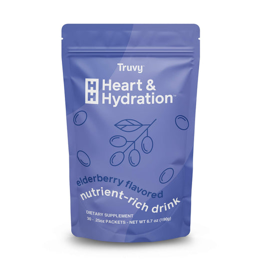 Front view of Truvy Heart and Hydration Elderberry 30 stick packs